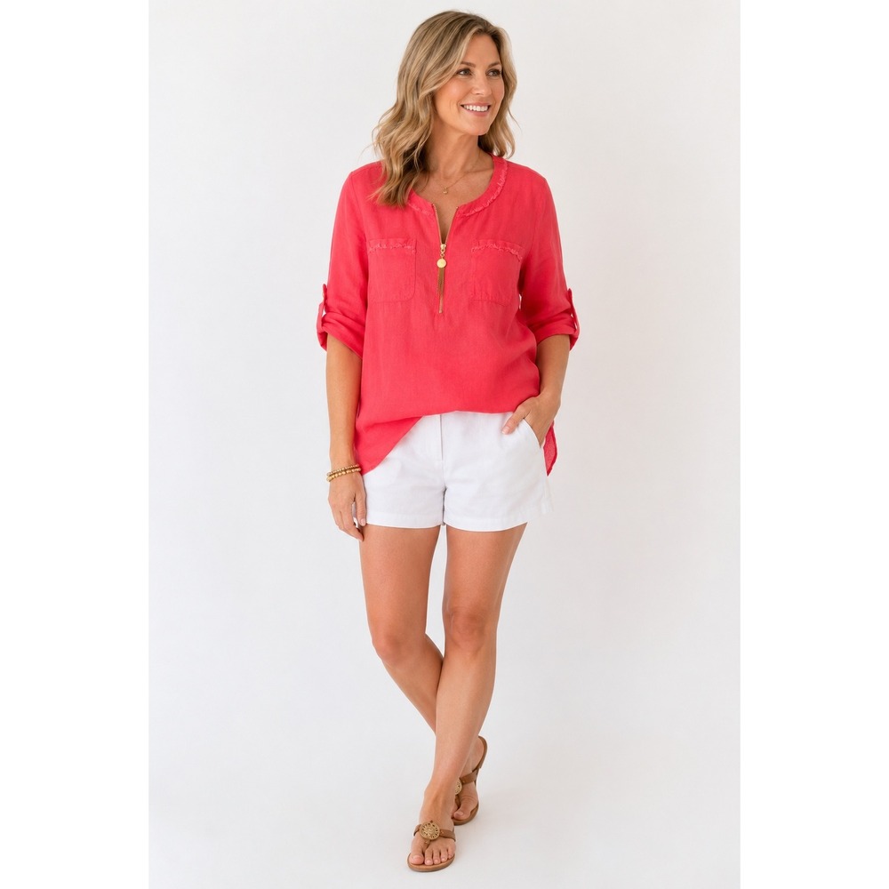 Ellen Tracy Linen Tunic Size L Pink Coastal Minimalist Roll Tab Sleeve Blouse